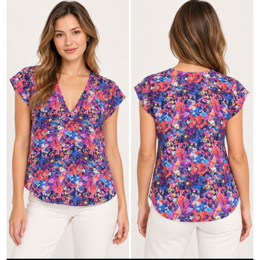Joie 100% Silk Floral Print V-Neck Blouse Top Women's S Multicolor Cap Sleeve